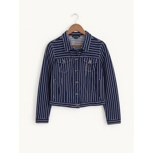 Nautica Jeans Womens Striped Denim Jacket Puff Shoulder Coastal Cropped Stripe L